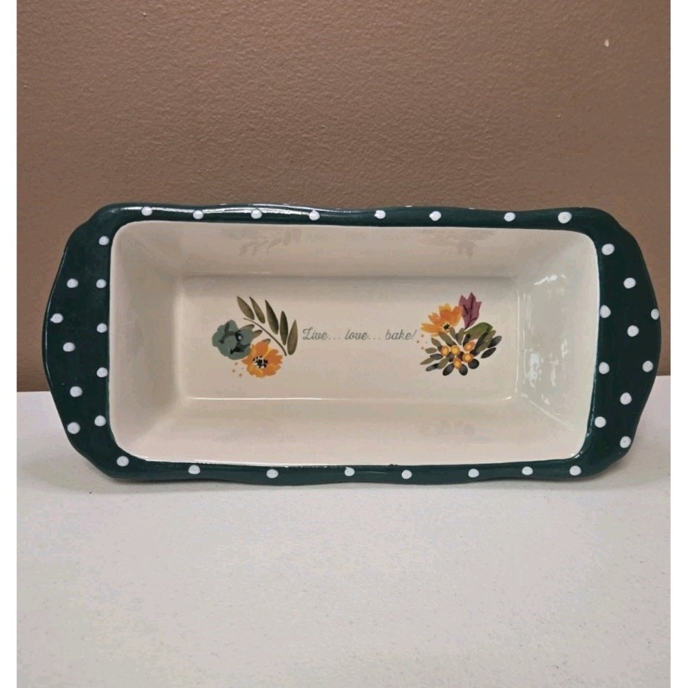 Pioneer Woman Ceramic‎ Loaf Pan Teal Polka Dot "Live Love Bake"